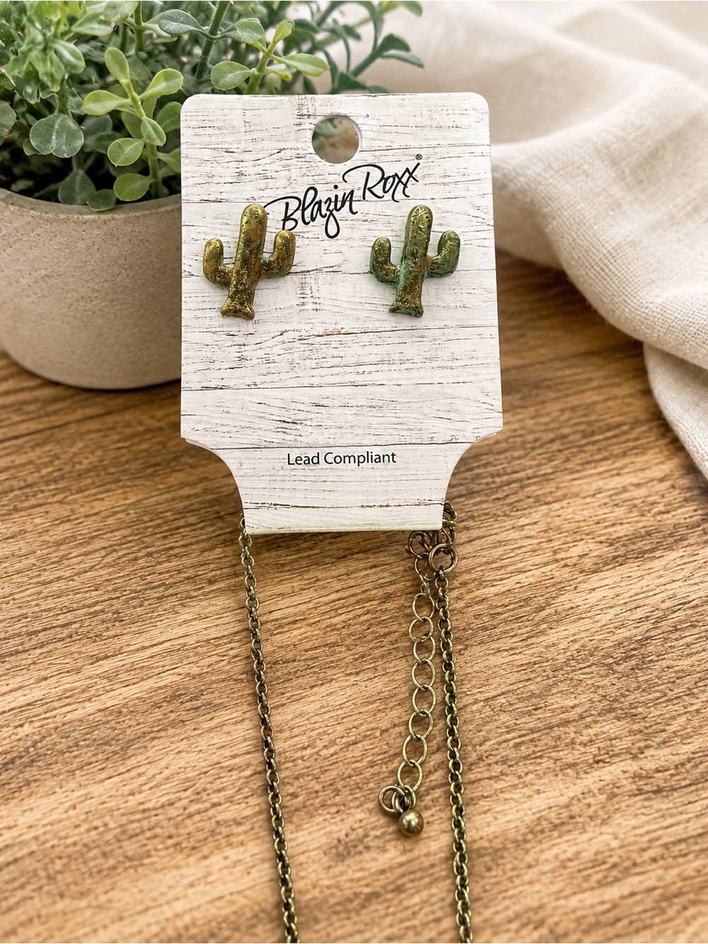 Blazin Roxx Patina Cactus Necklace and Earrings Set - Picture 2 of 6